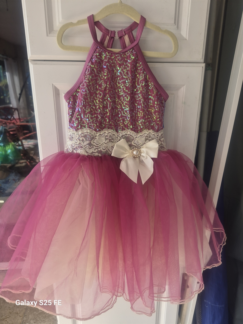 Weissman Fuchsia Sequin Tulle Dance Dress with Lace Bow
